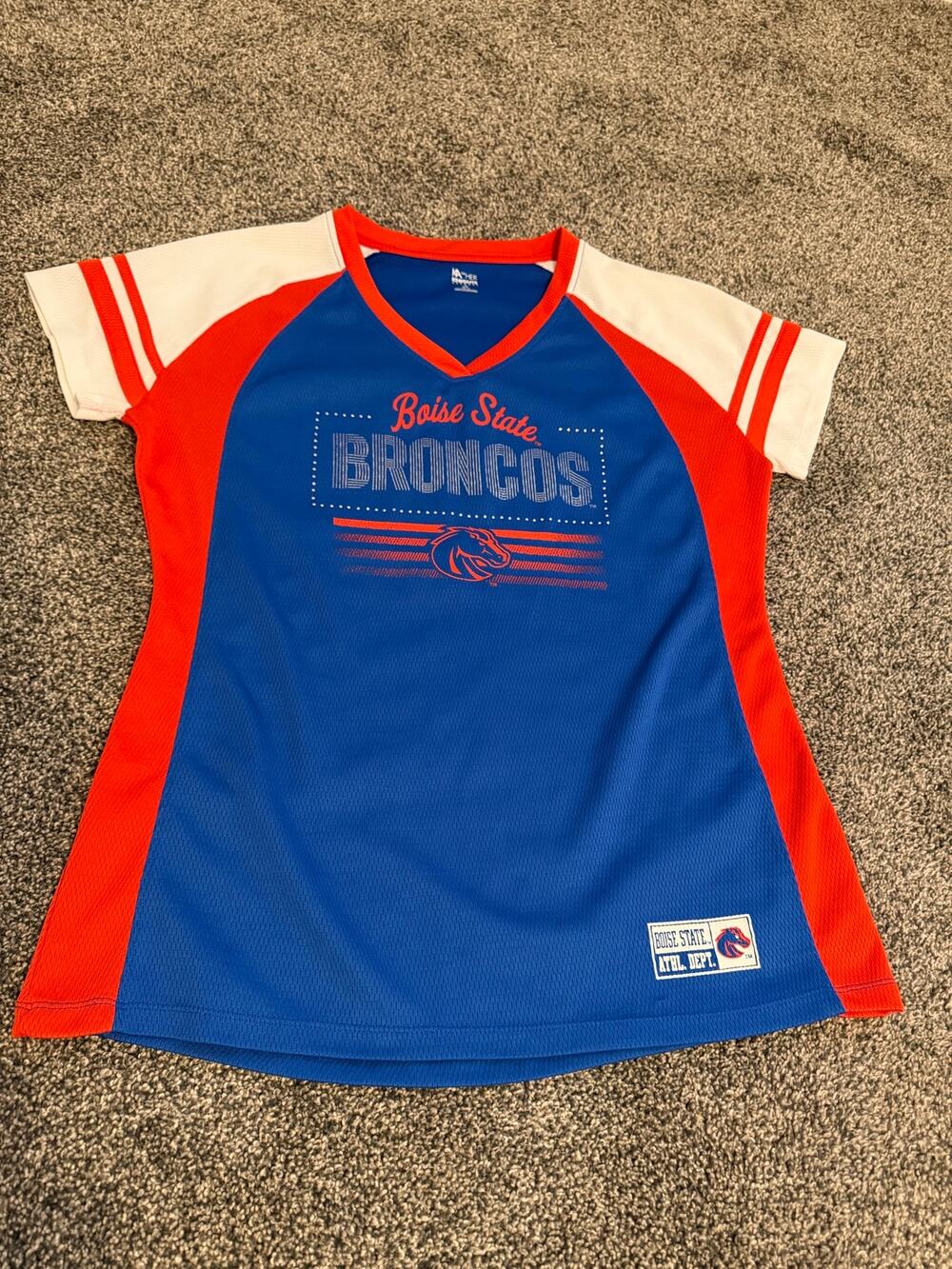 Boise State Broncos Horse Women’s V-neck Jersey Shirt Blue Orange White- L